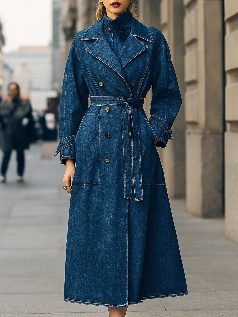 Blue Elena double-breasted denim trench coat by Lumina Vancouver, showcasing classic style and tailored fit.