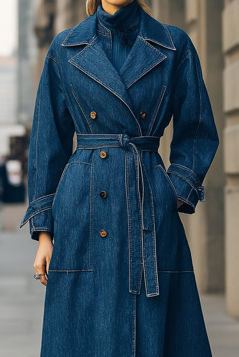 Blue Elena double-breasted denim trench coat by Lumina Vancouver displayed on a hanger. Short sleeves and classic collar.
