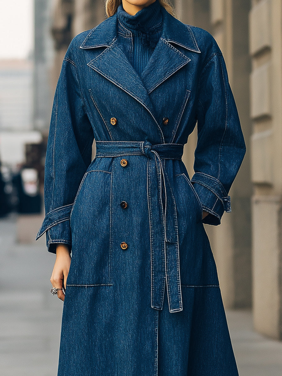 Blue Elena double-breasted denim trench coat by Lumina Vancouver displayed on a hanger. Short sleeves and classic collar.