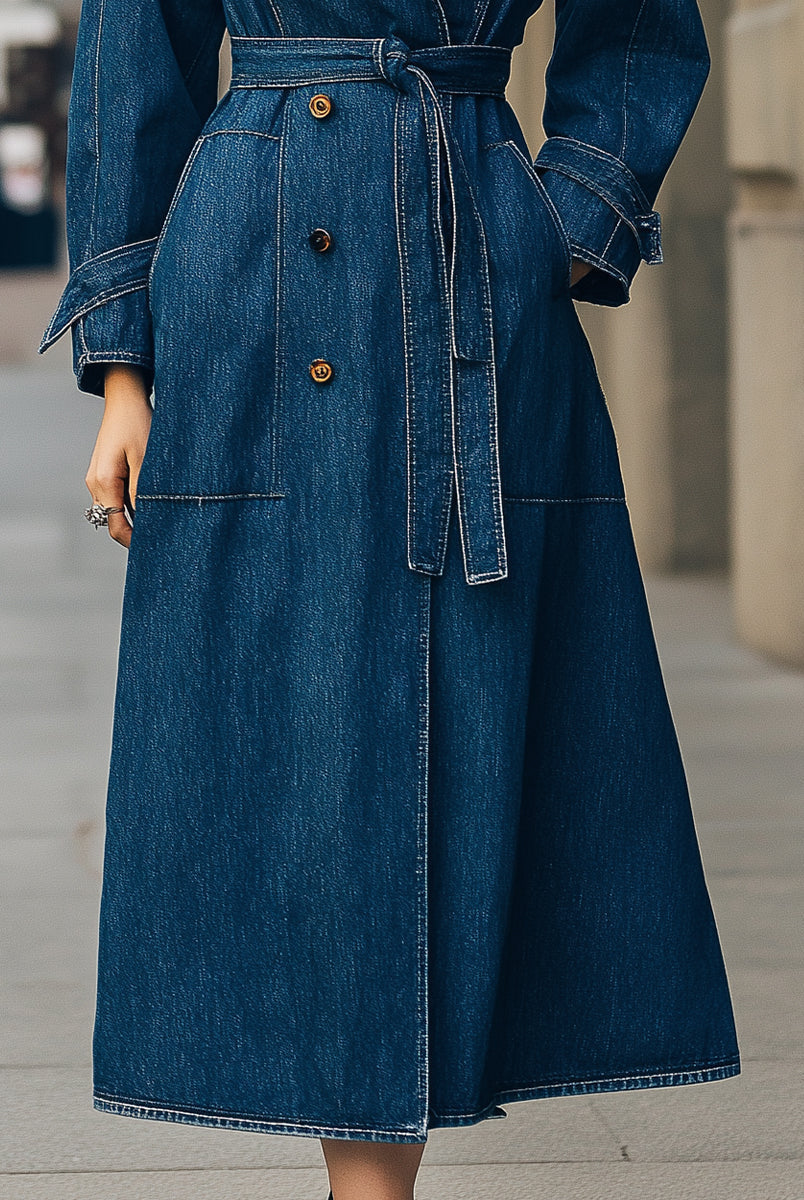 Blue Elena double-breasted denim trench coat by Lumina Vancouver, shown on a model. Stylish and classic outerwear for women.
