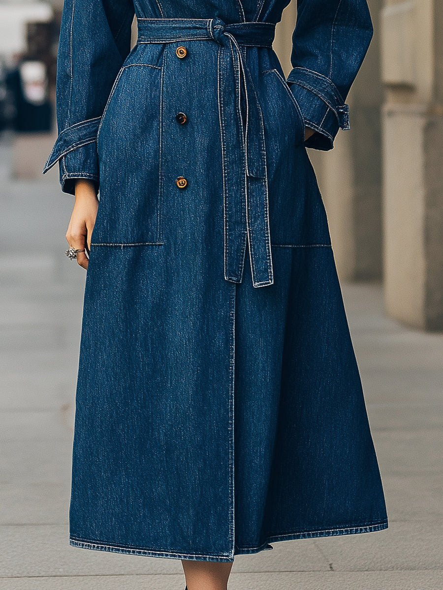 Blue Elena double-breasted denim trench coat by Lumina Vancouver, shown on a model. Stylish and classic outerwear for women.
