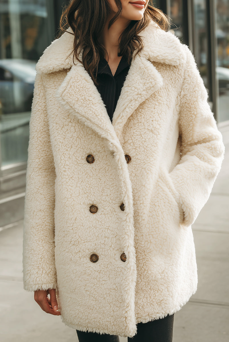 Winifred double-breasted faux shearling coat by Lumina Vancouver in white, showcasing cozy collar and stylish silhouette.