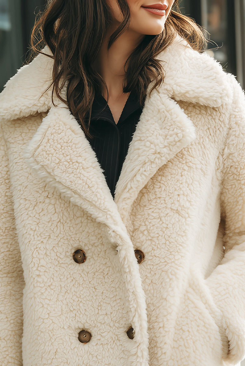 Winifred double-breasted faux shearling coat by Lumina Vancouver in white, shown on a model, with a cozy, stylish design.