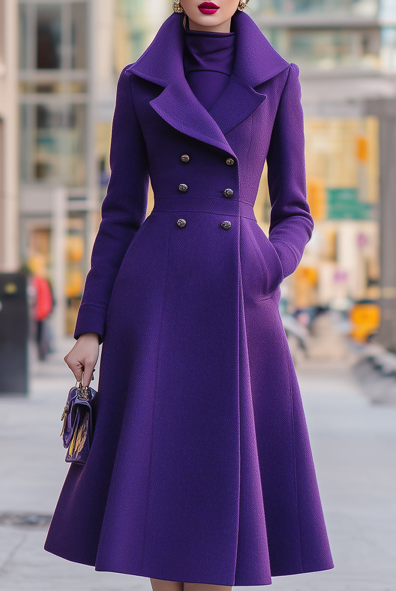 Purple Agnes Lumina Vancouver double-breasted shawl collar flared midi coat, stylish and warm outerwear for winter fashion.