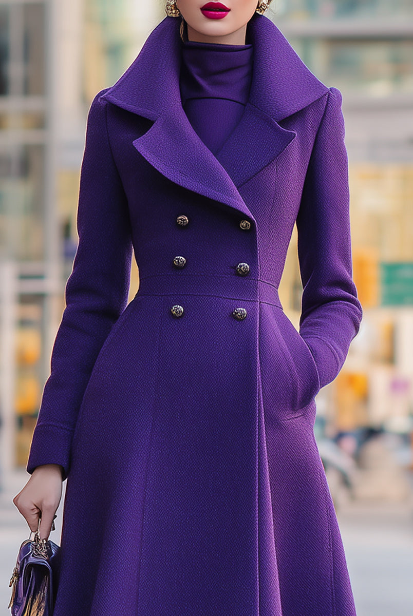Purple Agnes double-breasted shawl collar flared midi coat by Lumina Vancouver, shown on a model.