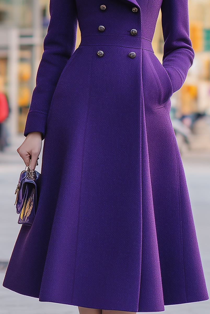 Purple Agnes Lumina Vancouver double-breasted shawl collar flared midi coat on a model, showcasing stylish winter outerwear.