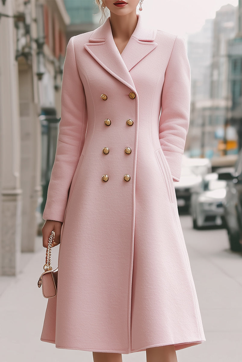 Lumina Vancouver Simone double-breasted wool coat in blush pink, tailored with classic lapels and button details.