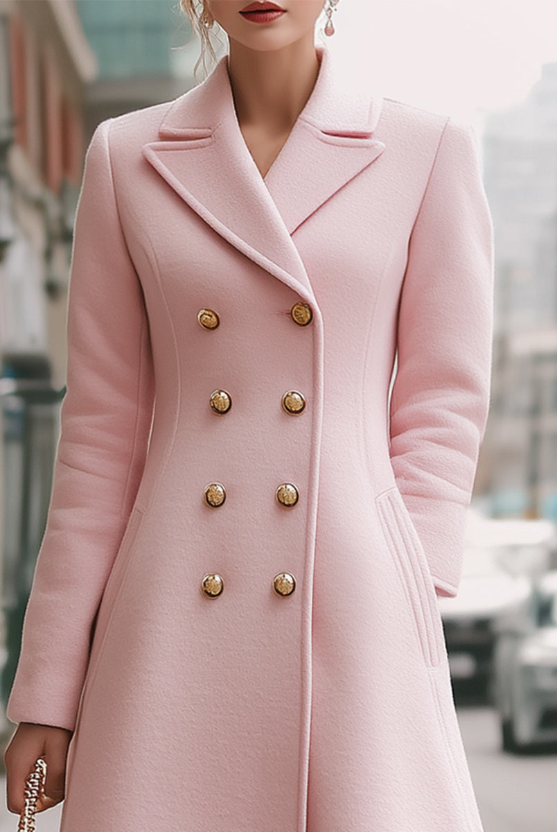 Elena double-breasted wool coat in blush pink by Lumina Vancouver, featuring a stylish tailored fit and classic design.