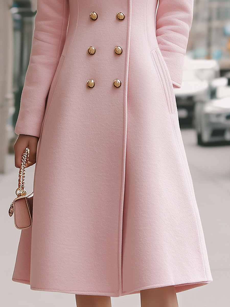 Simone double-breasted wool coat in blush pink by Lumina Vancouver, displayed on a model, with tailored fit and classic design.