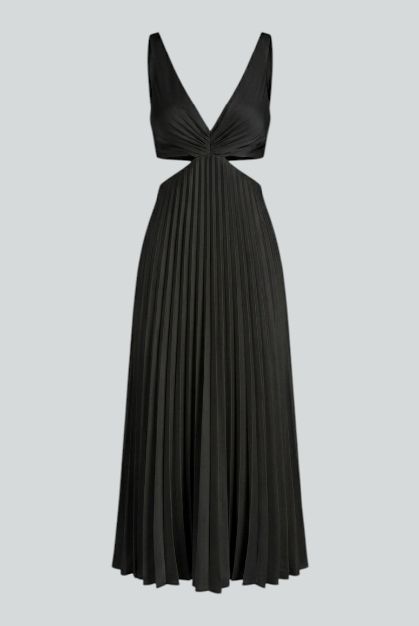 Elegant black pleated dress from Lumina Wear featuring a flattering silhouette, perfect for formal occasions.