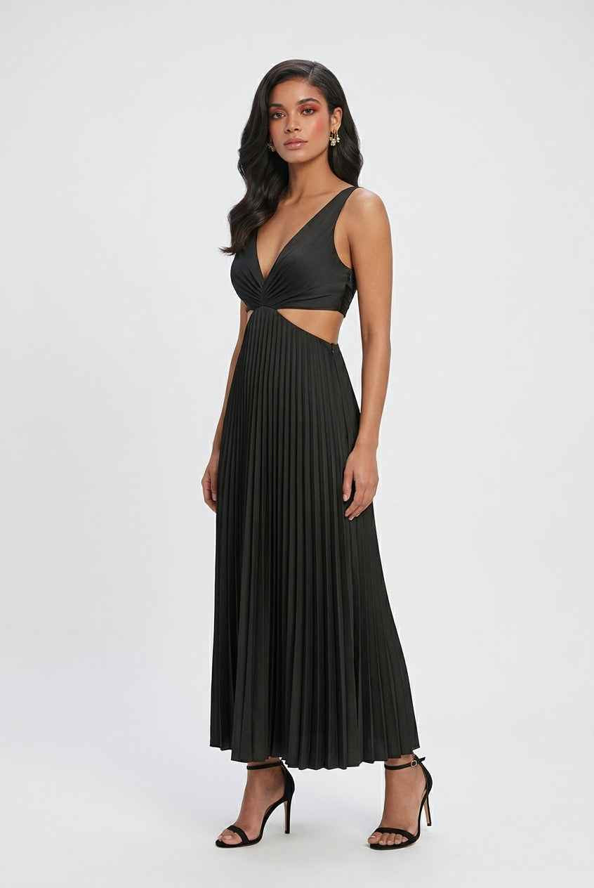 Elegant black pleated dress by Lumina Wear featuring a flattering silhouette and stylish design, perfect for formal occasions.