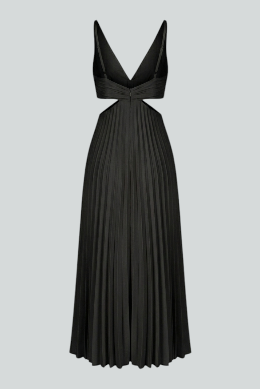 Elegant black pleated dress by Lumina Wear featuring a flattering silhouette, displayed on a hanger.
