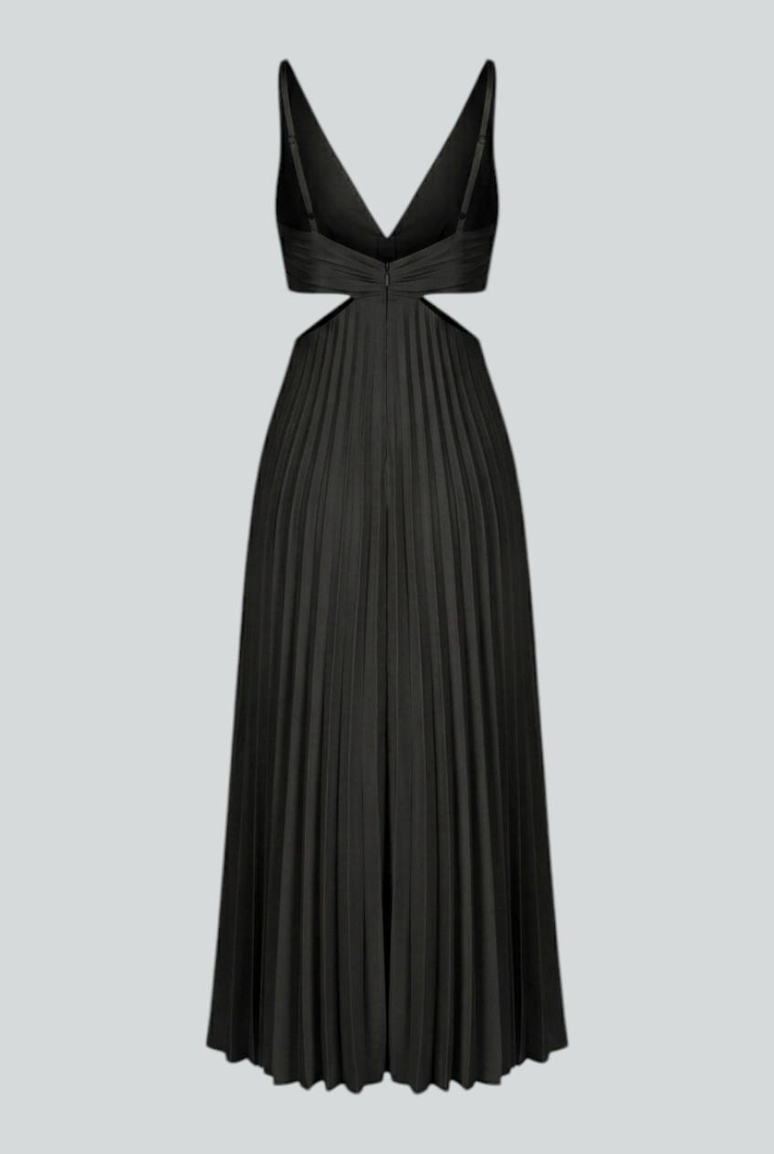 Elegant black pleated dress by Lumina Wear featuring a flattering silhouette, displayed on a hanger.
