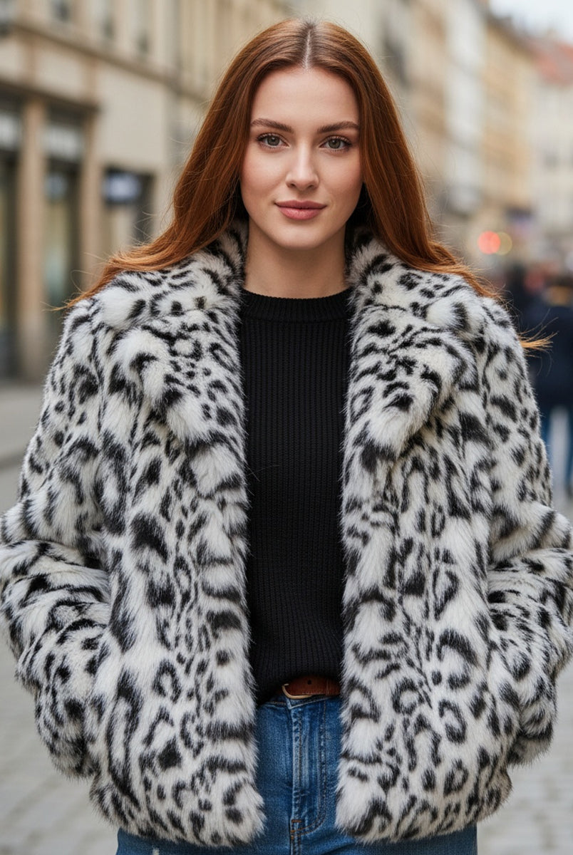 White faux fur jacket by Lumina Vancouver, style Doris, displayed on a model with a cozy, plush texture and stylish collar.