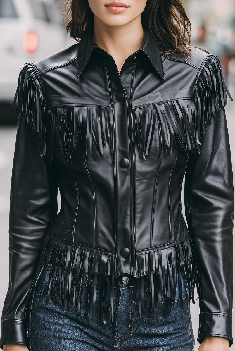 Winona faux leather jacket with black fringe by Lumina Vancouver, featuring stylish fringe details in black leather.