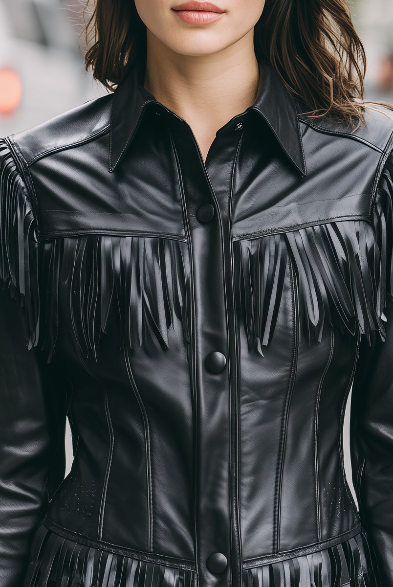 Winona faux leather jacket with black fringe by Lumina Vancouver, shown in black, XS size, featuring stylish fringe details.