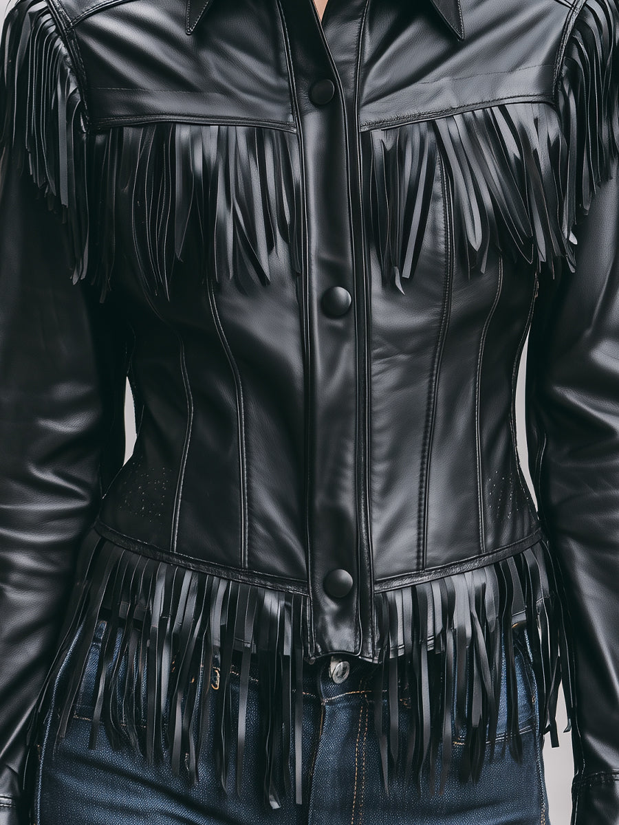 Black faux leather Winona jacket with black fringe by Lumina Vancouver, shown on a model in size XS.