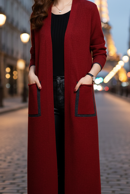 Urban red Elena Lumina Vancouver longline coat with functional pockets, designed for a stylish and practical look.