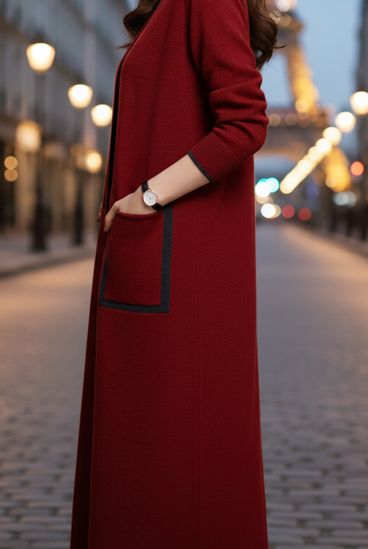 Lumina Vancouver Elena longline coat with functional pockets in urban red, featuring a stylish and practical design.