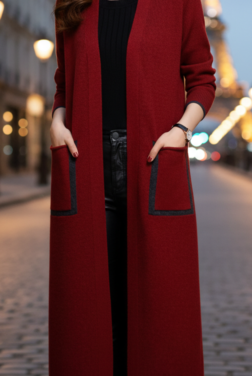 Lumina Vancouver Elena longline coat with functional pockets in urban red, lightweight and stylish for modern winter wear.