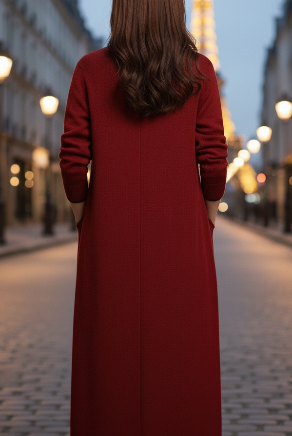 Red Elena Lumina Vancouver longline coat with functional pockets, perfect for urban style and layered winter wear.