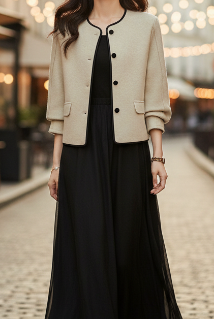 White Elena high neck jacket by Lumina Wear, lightweight and stylish, shown on a model in size XS.