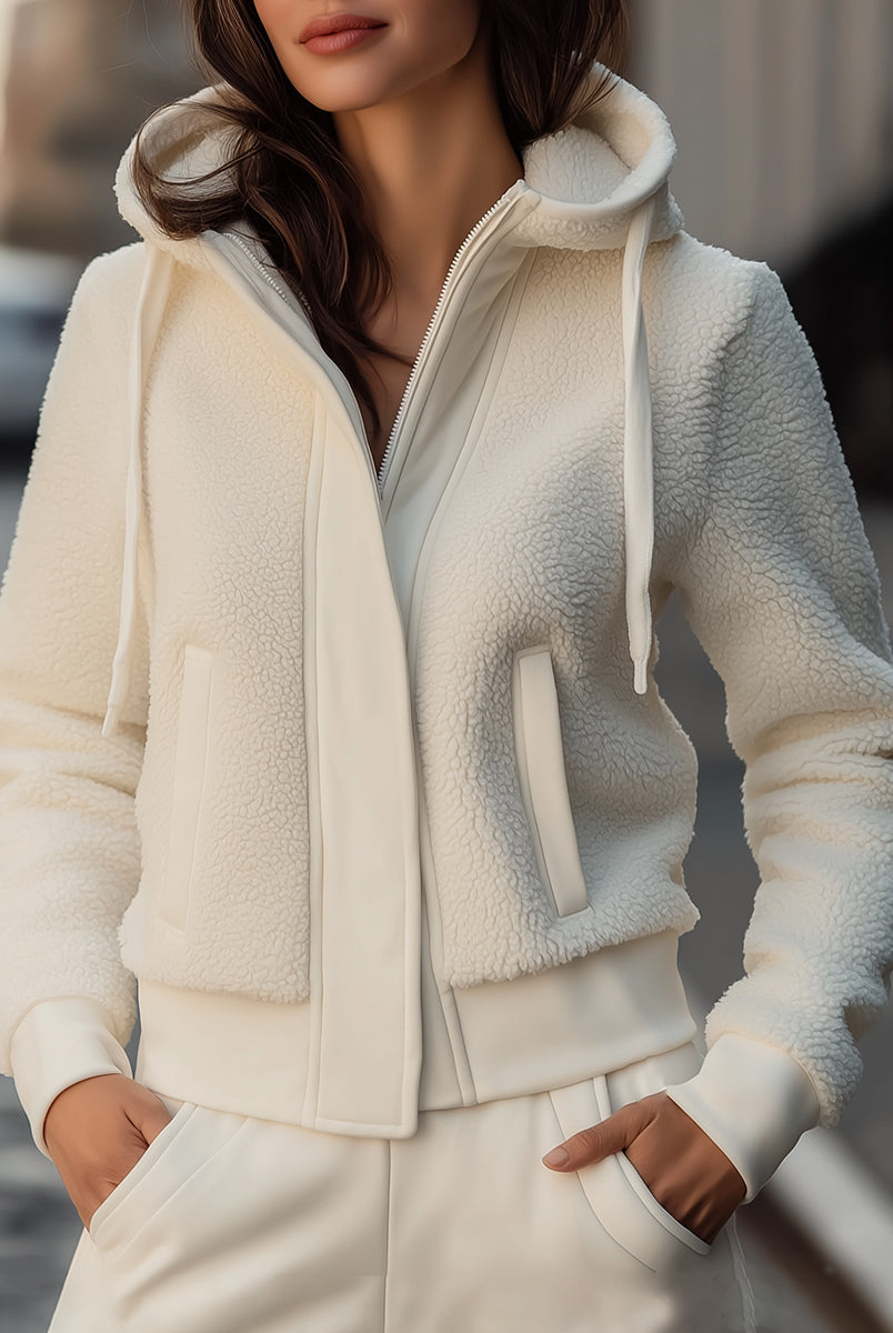 White Lumina Vancouver Ivy hooded jacket with contrast-trim fleece patchwork, lightweight and stylish for casual wear.