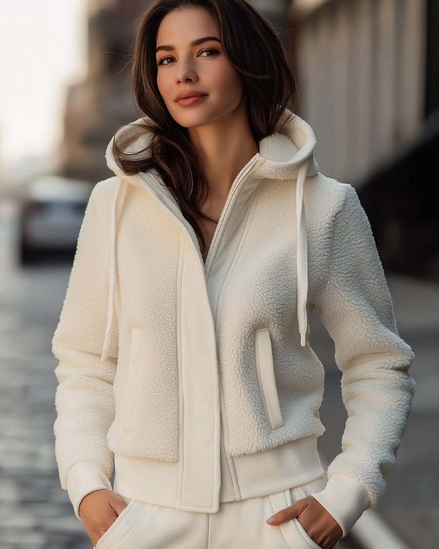 Lumina Wear Ivy hooded jacket with contrast-trim fleece patchwork in white, featuring a cozy design and stylish details.