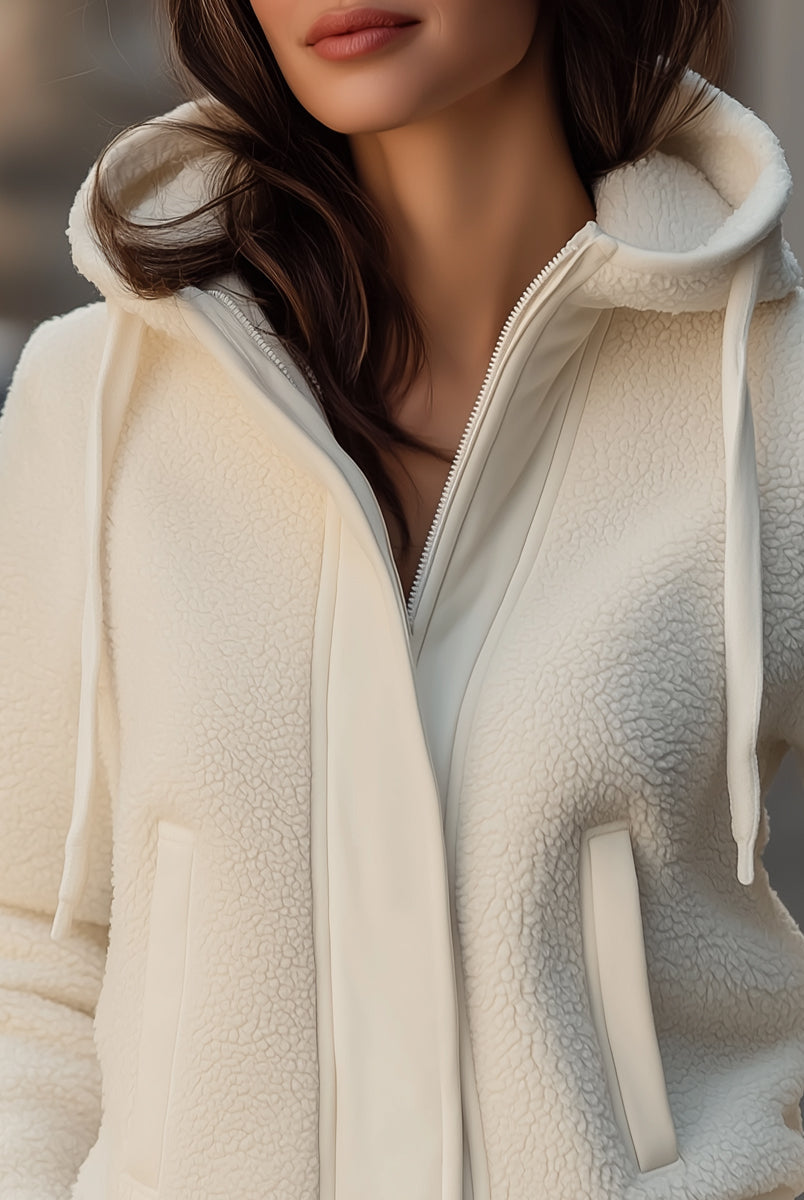 Lumina Vancouver Ivy hooded jacket with contrast-trim fleece patchwork in white, featuring stylish design and cozy fabric.