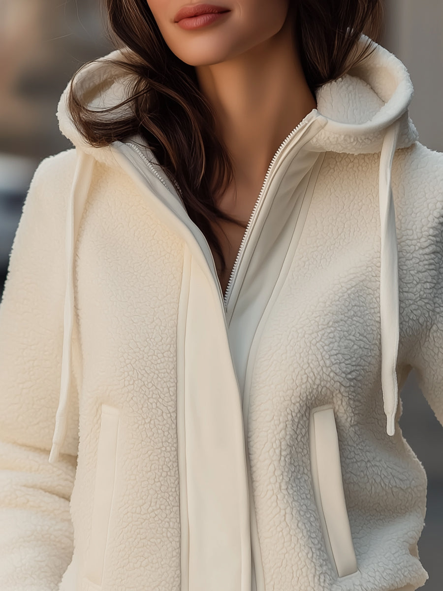 Lumina Vancouver Ivy hooded jacket with contrast-trim fleece patchwork in white, featuring stylish design and cozy fabric.