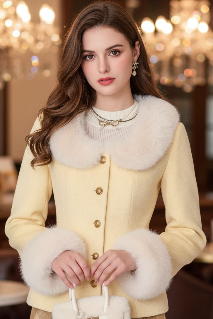 Yellow Lumina Vancouver Fiora jacket with faux fur trim, showing the stylish collar and cozy winter design.