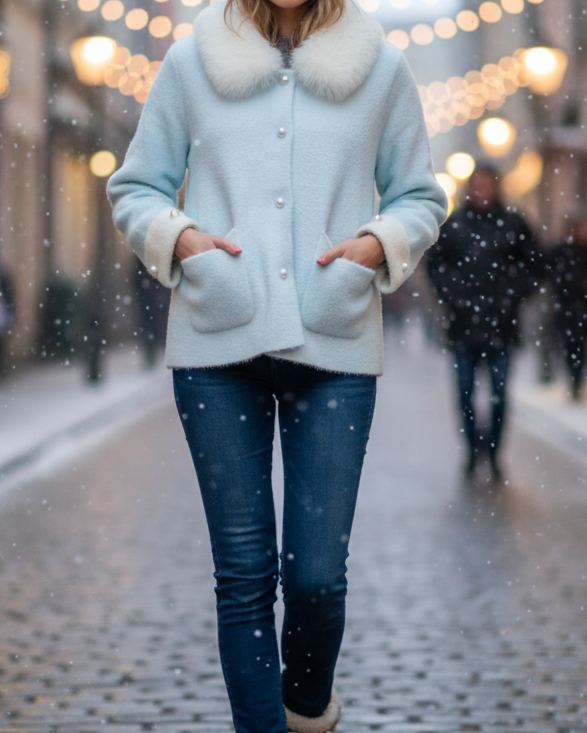 Light blue Elena jacket with fluffy collar from Lumina Wear, shown on a model, featuring a stylish and cozy winter design.