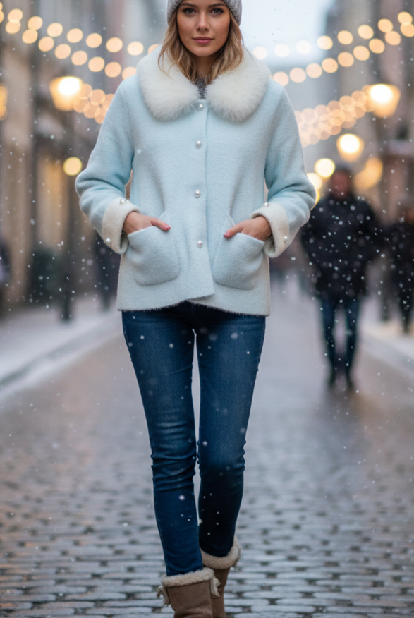 Light blue Elena jacket with fluffy collar by Lumina Wear, showing the cozy collar and stylish fit in an outdoor setting.