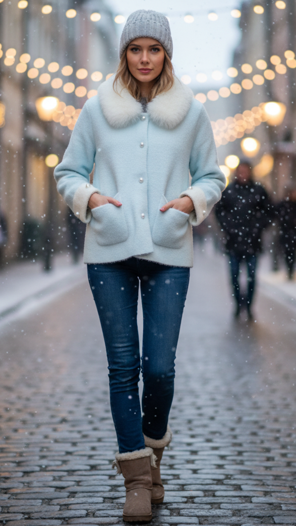 Light blue Elena jacket with fluffy collar by Lumina Wear, showing the cozy collar and stylish fit in an outdoor setting.
