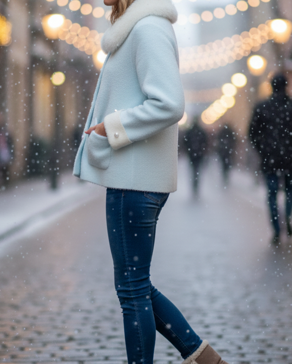 Light blue Elena jacket with fluffy collar by Lumina Wear, shown from the front with zipper closure and cozy design.