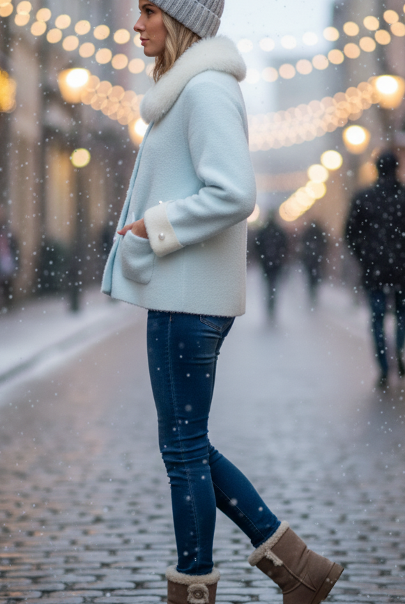 Light blue Elena jacket with fluffy collar by Lumina Wear, showing the cozy collar and stylish fit in a close-up image.