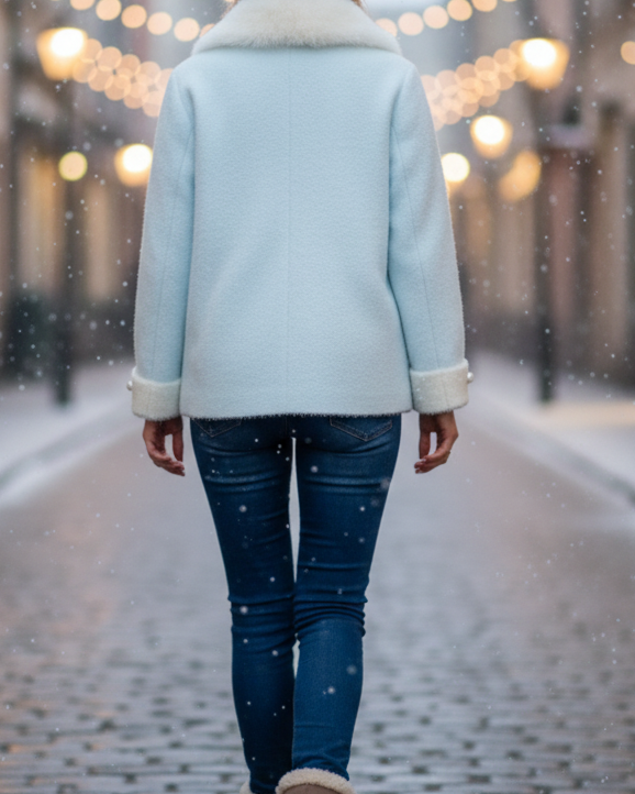 Light blue Elena jacket with fluffy collar by Lumina Wear, shown from the front with a close-up of the collar detail.