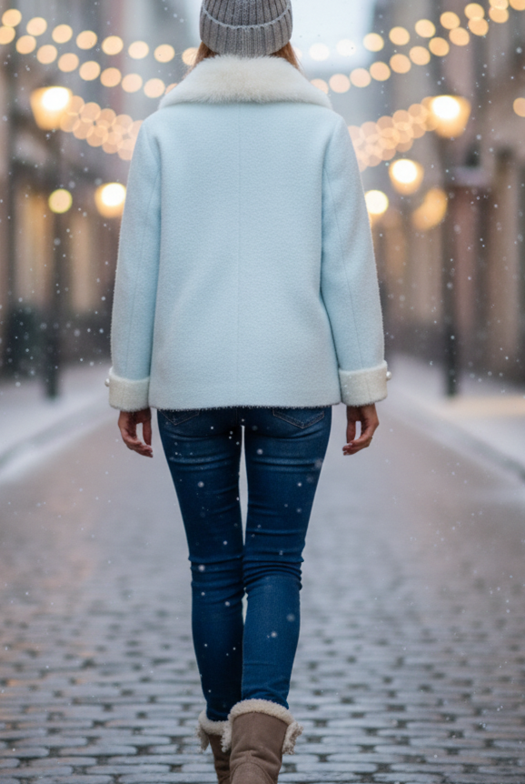 Light blue Elena jacket with fluffy collar by Lumina Wear, shown from the front with zipper closure and stylish design.