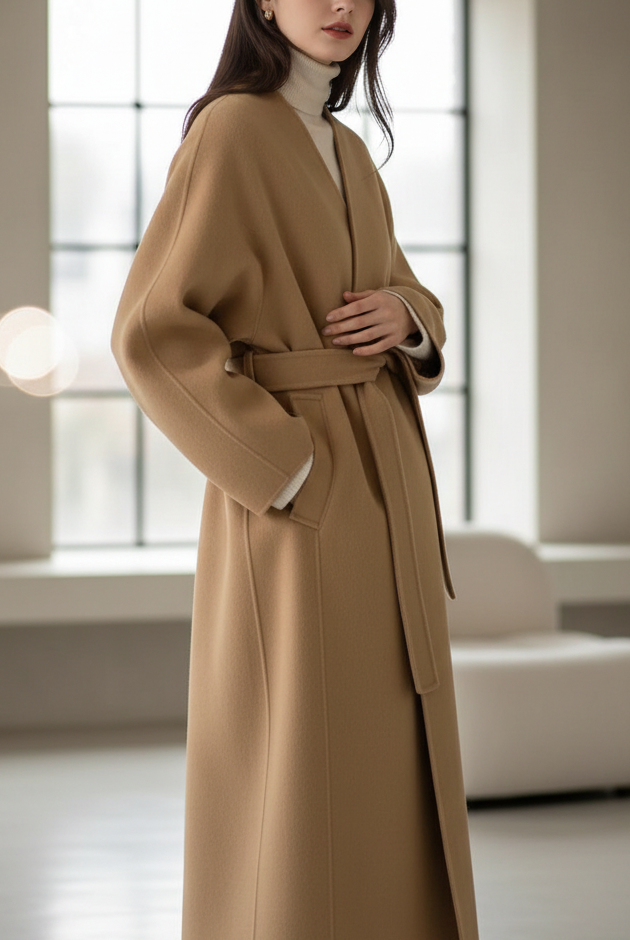 Camel kimono-style coat with belt by Lumina Vancouver, featuring a relaxed fit and stylish design in this image.
