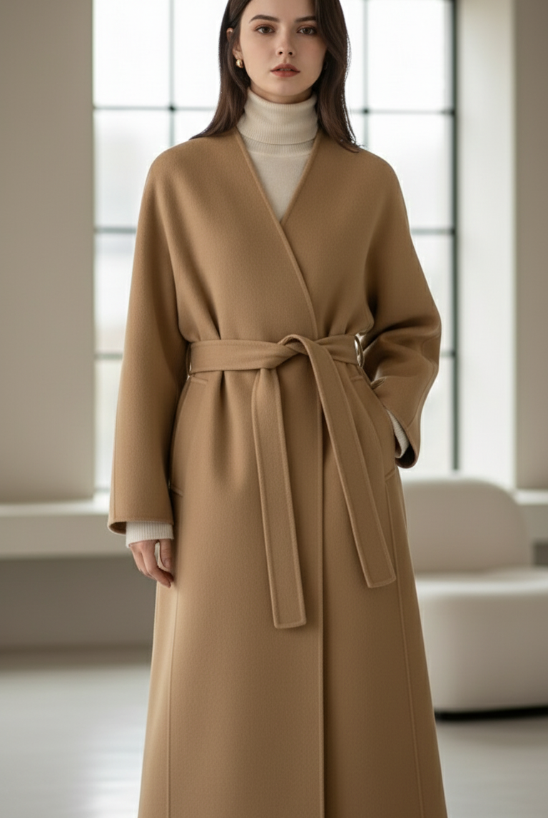 Camel kimono-style coat with belt from Lumina Vancouver, featuring a relaxed fit and elegant design.