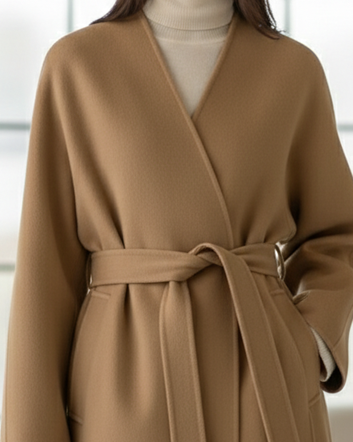 Camel kimono-style coat with belt by Lumina Wear, featuring a relaxed fit and elegant design, shown on a model.