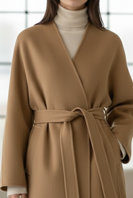 Camel Kimono-Style Coat with Belt by Lumina Vancouver, featuring a relaxed fit and elegant design.