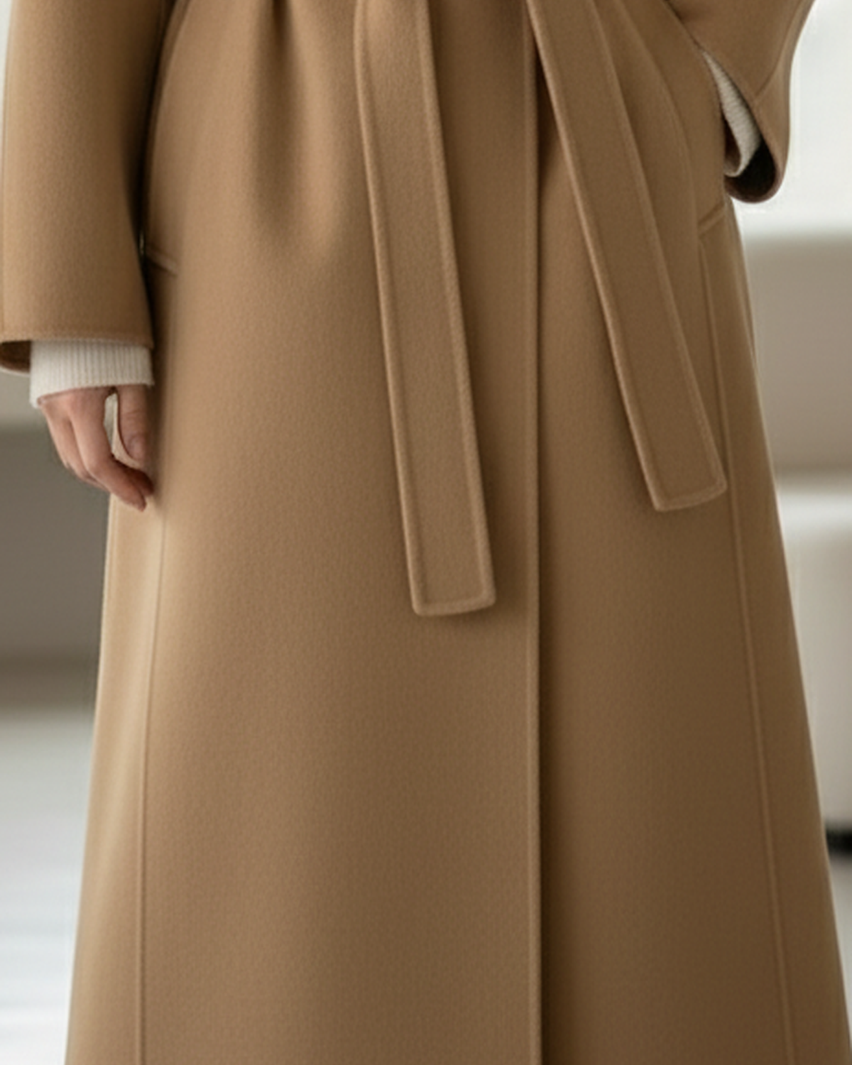 Camel Elena kimono-style coat with belt by Lumina Wear, shown on a model, featuring a relaxed fit and elegant design.