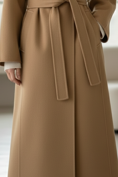 Camel kimono-style coat with belt from Lumina Vancouver, featuring relaxed fit and lightweight fabric.
