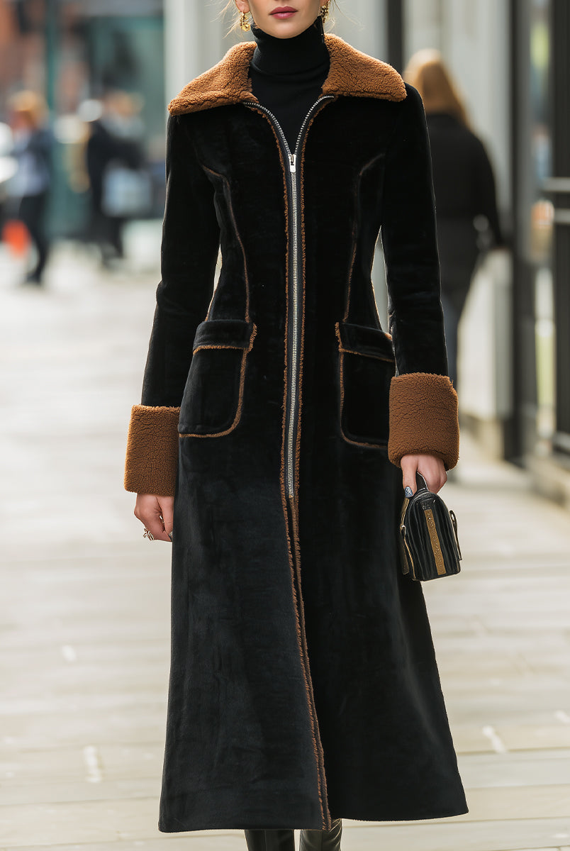 Long plush coat with elegant contrast trim by Lumina Vancouver, shown in black, size XS, featuring cozy fabric and stylish design.