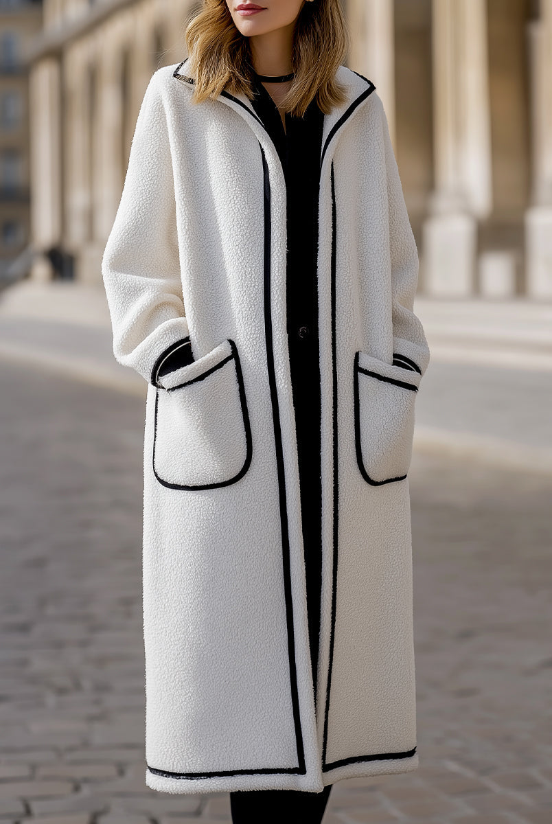 Longline Harlow coat in contrast piped wool-blend fabric by Lumina Vancouver, shown in white with XS size.