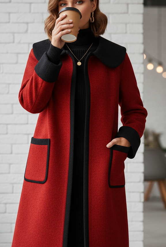 Red Elena longline coat with contrast trim from Lumina Vancouver, featuring a stylish and elegant design.