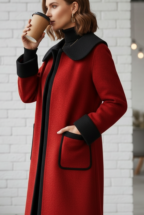 Red Elena longline coat with contrast trim by Lumina Vancouver, featuring a stylish tailored fit and sleek design.