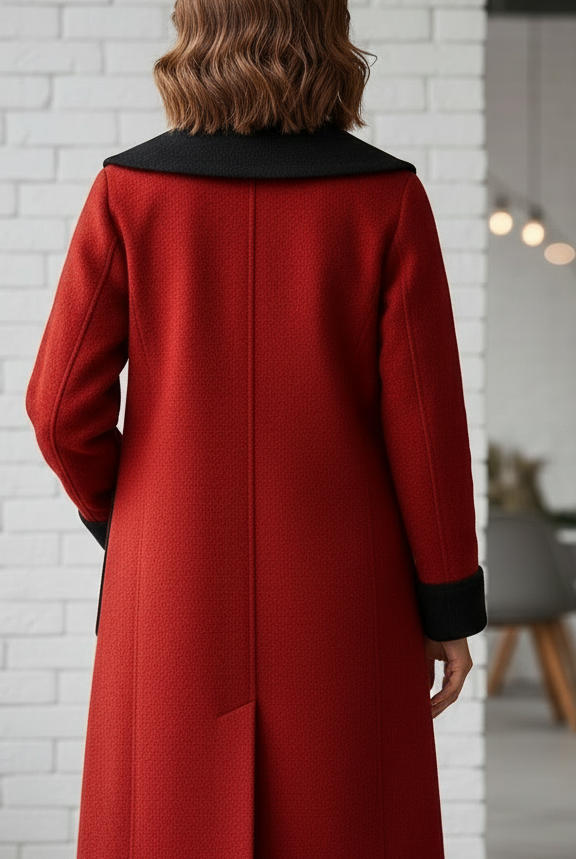 Red Elena longline coat with contrast trim by Lumina Vancouver, featuring a tailored fit and stylish design for cold weather.
