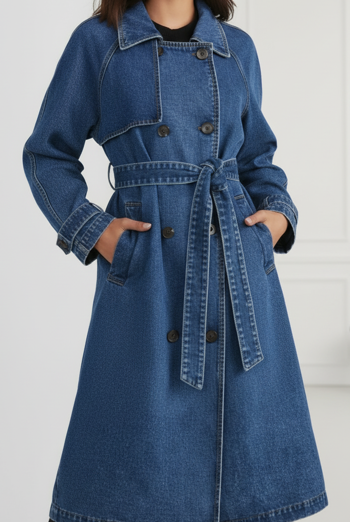 Blue Elena longline denim trench coat by Lumina Vancouver with belt, shown hanging on a wooden rack.